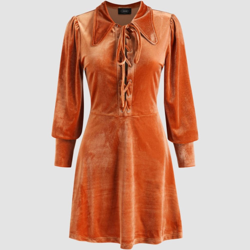 NWT Cider Velvet Tie-Front Mini-Dress Orange Retro Collar Size Large